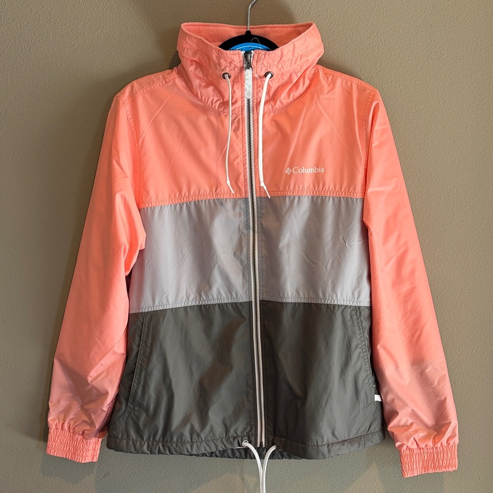 Columbia Coral and Gray Colorblock Water Resistant Windbreaker